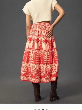 FARM Rio Red & Cream Printed Tiered Midi Skirt